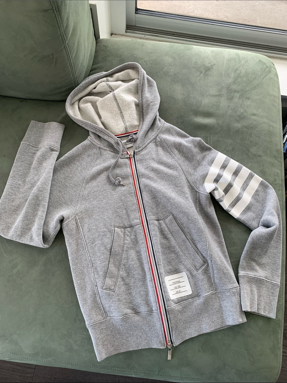 Thom Browne Kids Gray Zip Hoodie with Sleeve Stripes